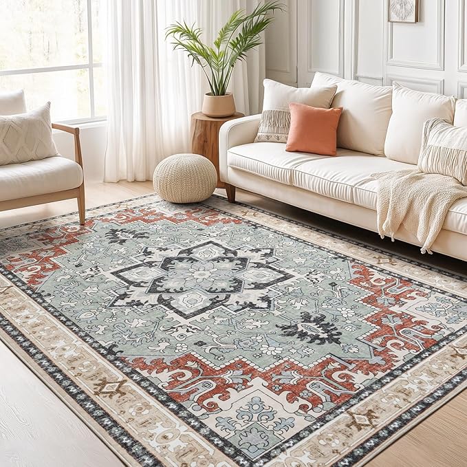 Lofus 5x7 Area Rugs for Living Room and Bedroom, Machine Washable Rug for Kitchen Office, Non Slip Low Pile Carpet, Vintage Boho Soft Carpets, Beige Orange