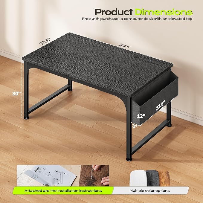 DurayLoly 47 x 24 inch Desk, 24mm Thick Heavy Duty Gaming Desk with RGB LED & Power Outlets, Detachable Stand, Hooks & Storage Bag, 110LBS Capacity, Home Office Computer Desk, Black