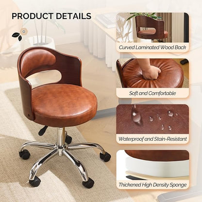 VINGLI Armless Home Office Desk Chair, Adjustable Swivel Chair,Dual-Use with/no Wheels,Small Retro Designed Walnut Curved Task Chair,Cushioned Nail Tech Chair for Study Area,Workspace,PU,Brown