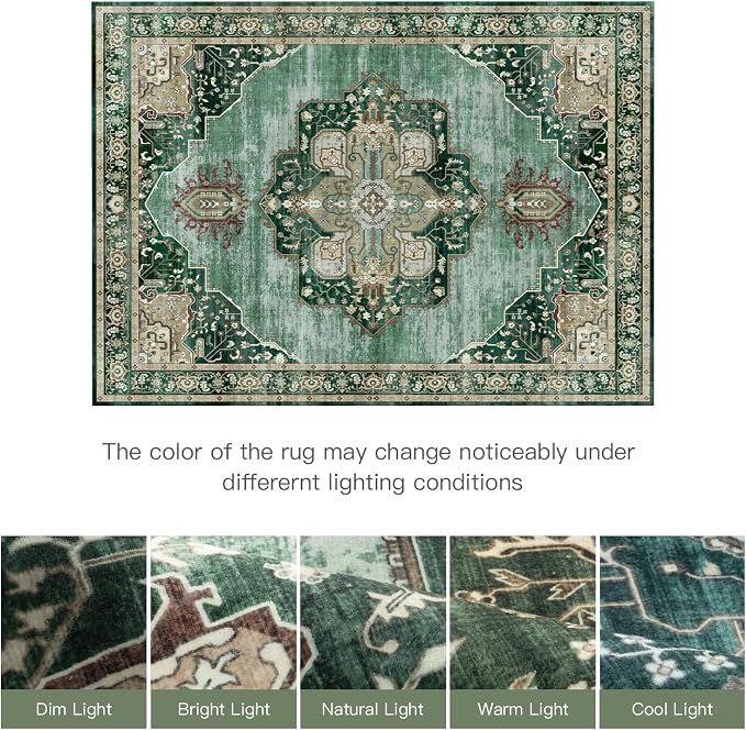 Lofus 5x7 Emerald Green Washable Rugs Non-Slip, Vintage Floral Area Rug for Living Room Bedroom Dining Room Kitchen, Low Pile Distress Print Medallion Carpet Home Decor Rug