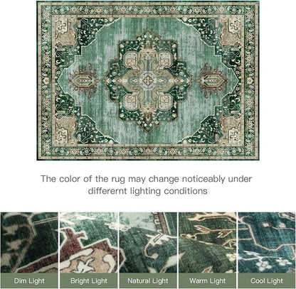 Lofus 5x7 Emerald Green Washable Rugs Non-Slip, Vintage Floral Area Rug for Living Room Bedroom Dining Room Kitchen, Low Pile Distress Print Medallion Carpet Home Decor Rug