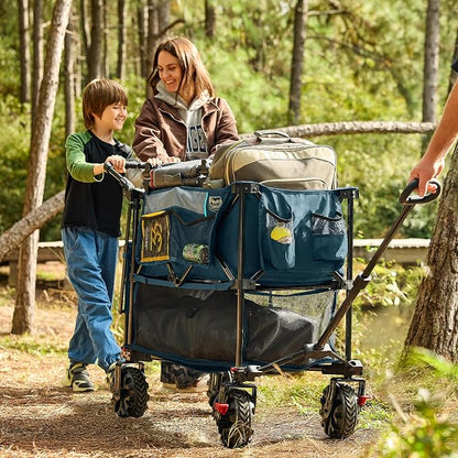 TIMBER RIDGE Push & Pull Double Decker Wagon, 400L Large Capacity Heavy Duty & 450lb Load, Collapsible Cart with All-Terrain Wheels & Brakes, 54” Extended Foldable for Sports, Beach, Camping, Blue