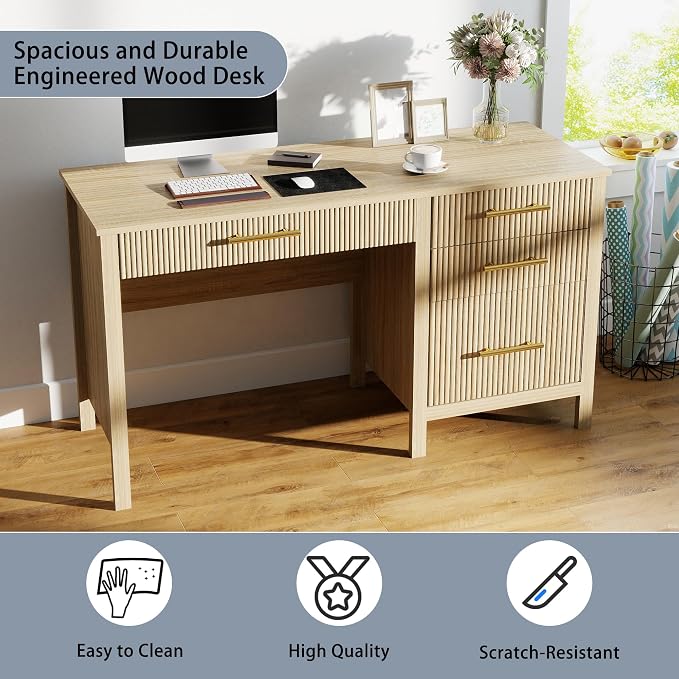 Fluted Executive Desk with Drawers: 54" Oak Home Office Desks with File Drawers, Modern Computer Desk with Gold Handles, Writing Table for Study, Living Room (Oak, 54")