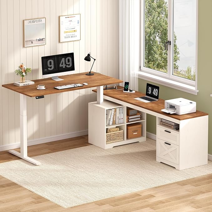 YOMILUVE Farmhouse L Shaped Standing Desk, 66 inch Corner Electric Standing Desk with Drawers ＆ Storage Shelves, Height Adjustable Computer Desk with Power Outlets for Home Office (Antique White)