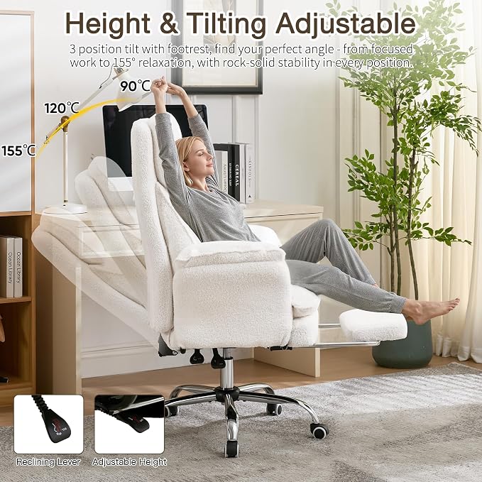 Cloud Cross Legged Office Chair with Footrest,Teddy Fleece Big and Tall Executive Ergonomic Chair, Flip Armrests for Pets,155° Reclining Computer Wide Desk Chair for Home,Office (White)