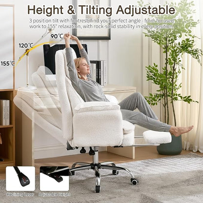 Cloud Cross Legged Office Chair with Footrest,Teddy Fleece Big and Tall Executive Ergonomic Chair, Flip Armrests for Pets,155° Reclining Computer Wide Desk Chair for Home,Office (White)