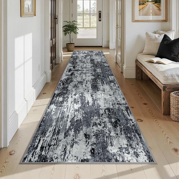 RELEANY Washable Area Rugs 3x12 Non-Slip Modern Abstract Soft for Living Room Entryway Bedroom Kitchen, Print Pattern, Black Navy Blue Gray