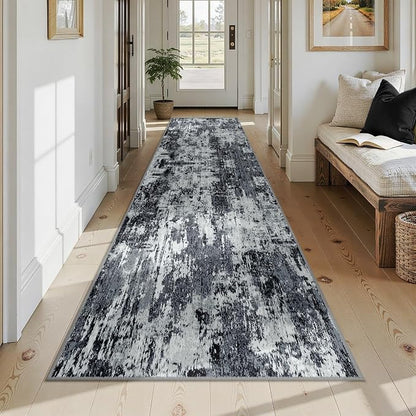 RELEANY Washable Area Rugs 3x12 Non-Slip Modern Abstract Soft for Living Room Entryway Bedroom Kitchen, Print Pattern, Black Navy Blue Gray