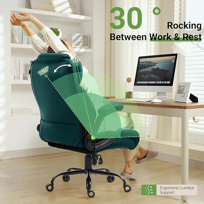 Office Chair, Big and Tall Executive Chairs with Lumbar Support for Back Pain,Breathable Desk Computer Chair with Adjustable Flip-up Armrests,Wide Cushion Swivel Home Office Chair Green PU