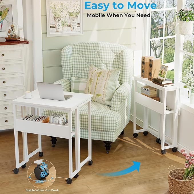 GreenForest Folding Desk with Wheels, 24.8 Inch Compact Rolling Computer Table with Storage Shelf, Portable Mobile Workstation for Small Spaces, Easy Assembly, Pure White