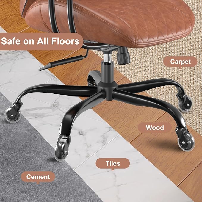 E-Ser Leather Desk Chair, Mid Century Modern Office Chair, Brown | Lumbar Support, Ergonomic, 360° Swivel, Rubber Rolling Wheels, Adjustable Height, for Adults
