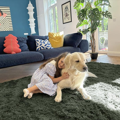 OLANLY 2x4 Machine Washable Runner Rugs for Hallway, Soft Fluffy Shaggy Bedside Rugs for Bedroom, Living Room, Indoor Floor Carpet for Kids Girls and Boys, Home Decor Aesthetic, Olive Green