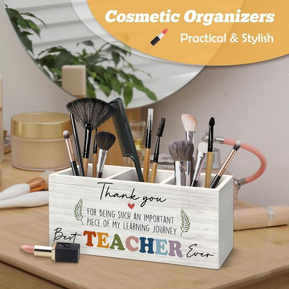 Teacher Appreciation Gifts Pen Holder Organizer for Desk Accessories, End of Year Thank You Teacher Gifts for Women Men Wooden Box Sign Desk Decorations for Office Classroom Tabletop