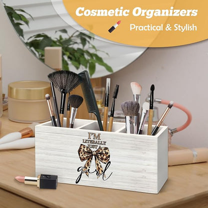 Preppy Coquette Leopard Bow Pen Holder Organizer for Desk Accessories, I'm Literally Just a Girl Wooden Box Sign Desk Decorations for Girls Room Bedroom Decor, Leopard Cheetah Gifts for Women