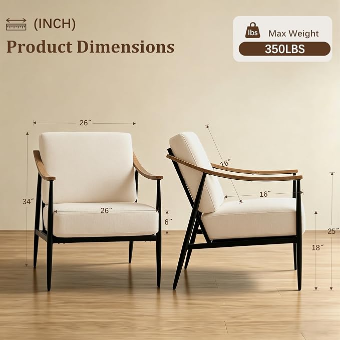 RNKSFX Modern Accent Chairs Set of 2 for Living Room Bedroom Mid Century Arm Chairs Upholstered Office Accent Chairs Comfy Waiting Room Chairs with Metal Frame, Beige