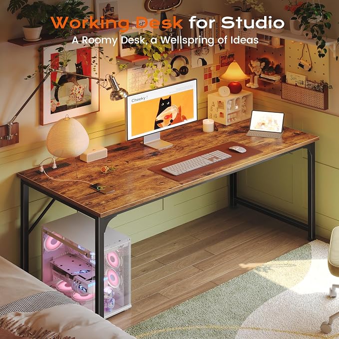 PRAISUN 54 X 24 Inch Computer Desk with Power Outlets & USB-C Port,Larger and Longer Office Desk with Deeper Desktop, Study, Bedroom, Writing Work from Home Table, Metal Frame, Rustic Brown