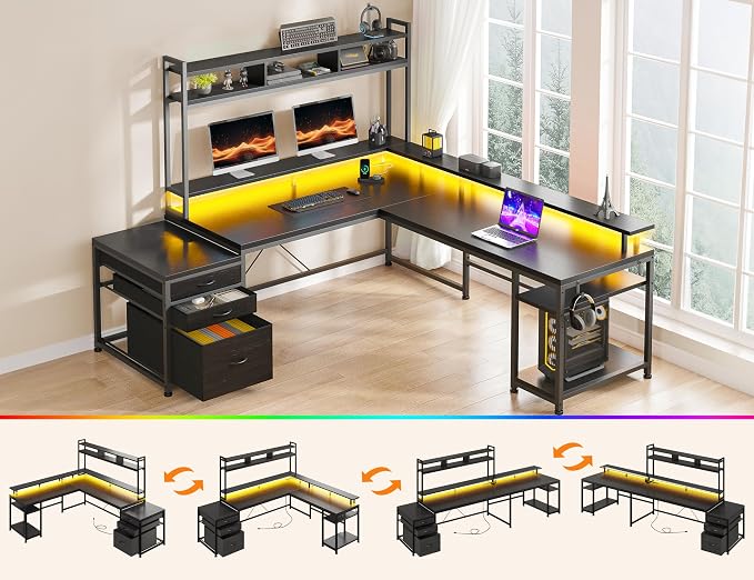 EnHomee 104'' L Shaped Gaming Desk, Reversible Two Person Corner Computer Desk with LED Lights & Power Outlet, Monitor Stand & 3 Drawers, Home Office Workstation for Gaming Room, Black