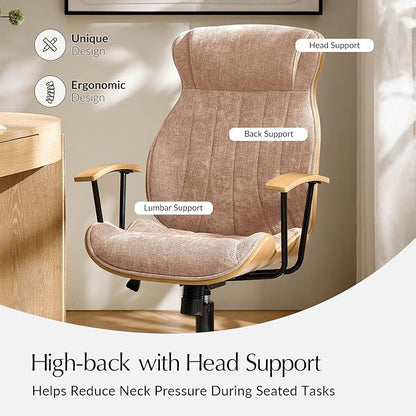 HULALA HOME Solid Wood Office Chair with Tilt Function, Mid Century Modern Bentwood Desk Chair with High Backrest, Height Adjustable Swivel Fabric Computer Task Chair, Spice