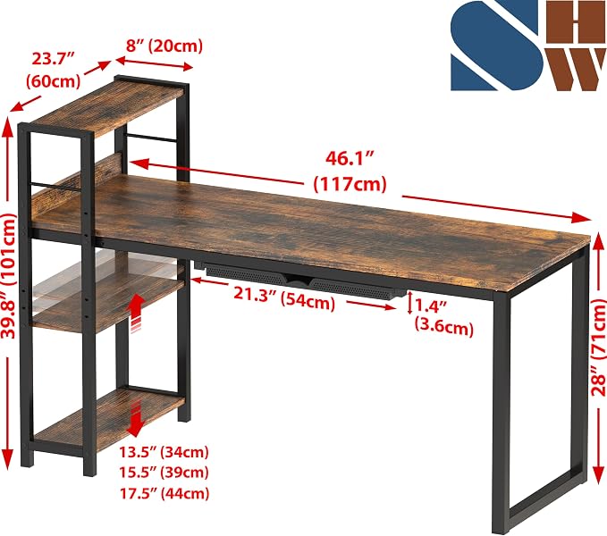 SHW 46-Inch Home Office Mission Computer Desk with Side Shelf and Drawer, Rustic Brown