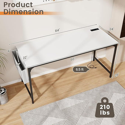COSTWAY Home Office Desk, 32 Inch Computer Desk with Recessed Power Strip, Storage Bag & Headphone Hook, Wide Desktop, Modern Computer Workstation Writing Table for Home, Office (White + Black)