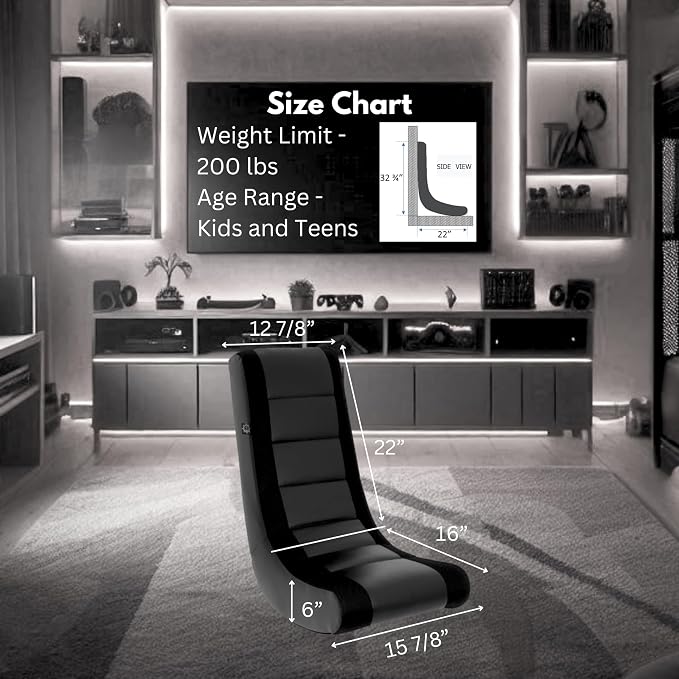 The Crew Furniture Classic Video Rocker Gaming Chair, for Kids and Teens, PU Faux Leather & Polyester Mesh, Black/Black