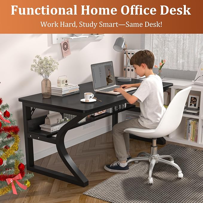47 inch Computer Desk, Home Office Desk with Storage Shelf, Sturdy U-Shaped Metal Frame Study Table with Cable Management, Gaming Desk for Office & Bedroom (Carbon Fiber Black, 47inch)
