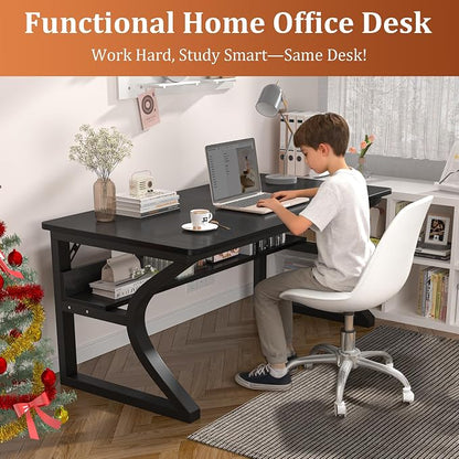 47 inch Computer Desk, Home Office Desk with Storage Shelf, Sturdy U-Shaped Metal Frame Study Table with Cable Management, Gaming Desk for Office & Bedroom (Carbon Fiber Black, 47inch)