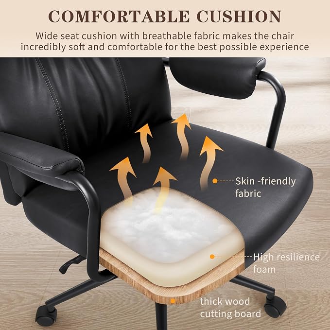 IWMH Home Office Desk Chair, Comfy Ergonomic Mid Century Modern Faux Leather Fabric Office Chair with Lumbar Support, Adjustable Height High-Back Swivel Computer Chairs, (Black)