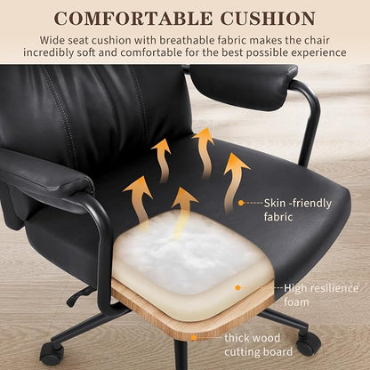 IWMH Home Office Desk Chair, Comfy Ergonomic Mid Century Modern Faux Leather Fabric Office Chair with Lumbar Support, Adjustable Height High-Back Swivel Computer Chairs, (Black)