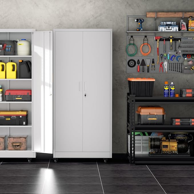 INTERGREAT Metal Storage Cabinet with Wheels, 73" Garage Storage Cabinet with Door and 4 Shelves, Tool Cabinet on Caster for Home, Office, White