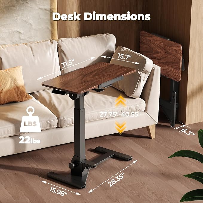 JOY worker Foldable Overbed Bedside Table, 180° Tiltable Mobile Standing Desk with Wheels, 31.5" Height Adjustable Rolling Laptop Desk for Home & Hospital Use, Easy Storage, Rustic Brown