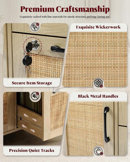 HOPUBUY 3 Drawer and 2 Doors File Cabinet with Lock, Printer Stand Lateral Filing Cabinets for Home Office and School, Wood Rattan File Cabinet for Hanging Files/Letter/Legal/A4/F4 Size, Natural Wood