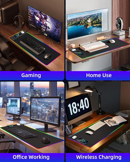 Mouse Pad with Wireless Charger, RGB Gaming Mousepad, 31.5"x15.7" Extra Large Desk Mat, 13 Light Modes, Ultra-Smooth Surface, Non-Slip Base, Waterproof Computer Keyboard Pad, Black with PD Adapter