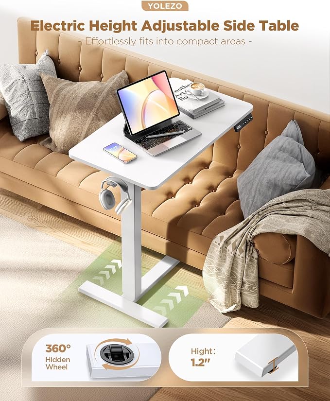 Overbed Bedside Table with Wheels, Electric Standing Desk Adjustable Height, Small Computer Desk for Home Office, Rolling Laptop Desk for Bed, Sofa, or Hospital Use (24"x16",White)