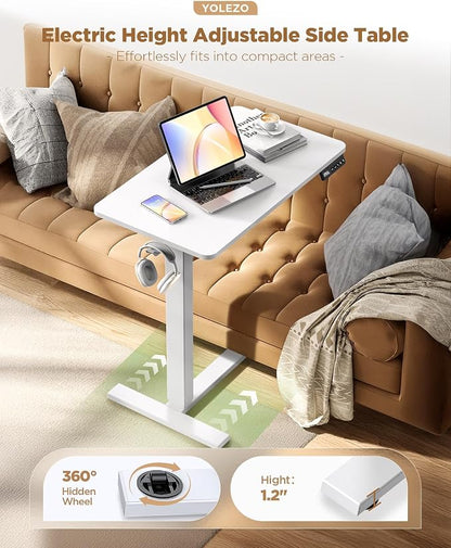 Overbed Bedside Table with Wheels, Electric Standing Desk Adjustable Height, Small Computer Desk for Home Office, Rolling Laptop Desk for Bed, Sofa, or Hospital Use (24"x16",White)
