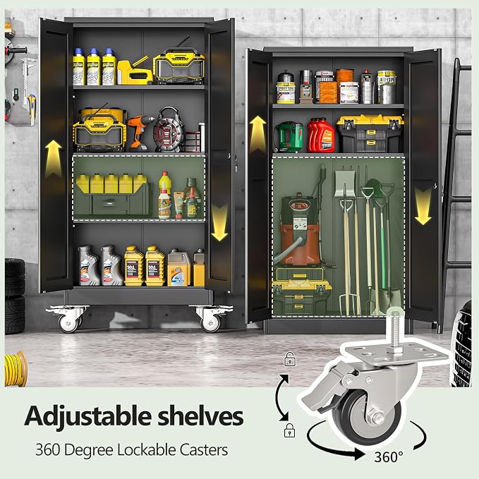 Metal Garage Storage Cabinets and storage system, 61”Tall Rolling utility cabinet with Wheels, Lock, 3 Adjustable Shelves, Heavy Duty Steel Tool Locker for Home Office, Utility Room, Gym,Black