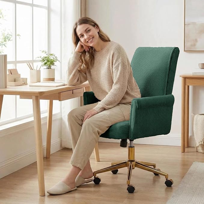 Striped Velvet Office Chair, 360° Swivel Ergonomic Task Chair with High Back, Gold Base and Wheels, Height Adjustable Modern Accent Chair for Home Office, Living Room, Study, Vanity Room (Green)