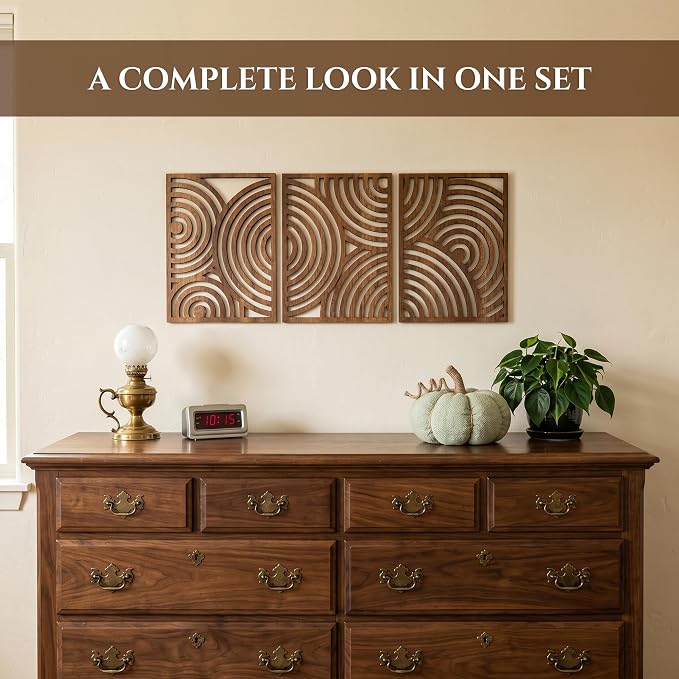 qmmp Modern Wooden Wall Sculptures - Set of 3 - Home Decor Accent - Large Wall Art for Living Room, Bedroom, Office - Easy Installation (Walnut, Medium - Orbit)