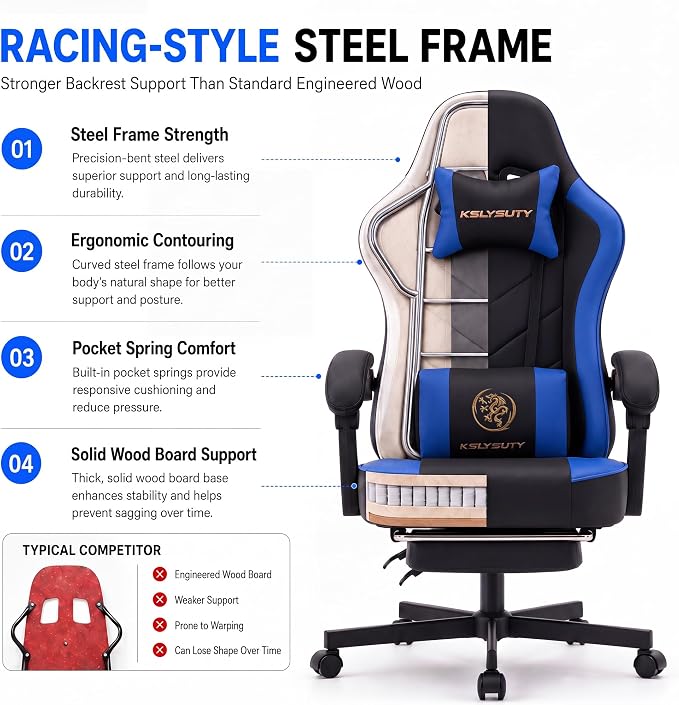 Desk Computer Gaming Chair - High Back Ergonomic Office Chair with Footrest and Lumbar Support, Swivel Comfy Home Gamer Video Game Chairs with Pocket Spring Cushion for Adults (Blue Leather)