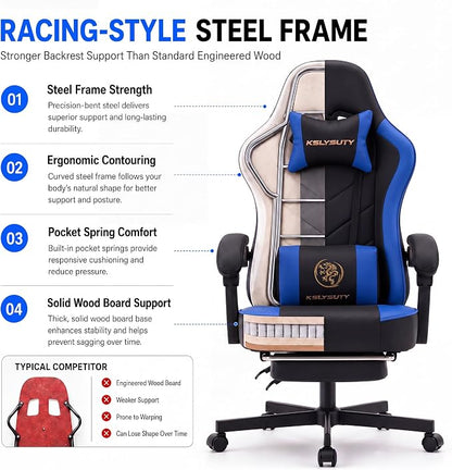 Desk Computer Gaming Chair - High Back Ergonomic Office Chair with Footrest and Lumbar Support, Swivel Comfy Home Gamer Video Game Chairs with Pocket Spring Cushion for Adults (Blue Leather)