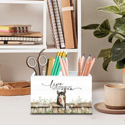 DILSJ Inspirational Horse 2 Compartment Pen Pencil Holder Organizer for Desk, Horse Gifts for Women, Live Like Someone Left The Gate Open Wooden Box Signs for Home Office Desk Tabletop Decoration