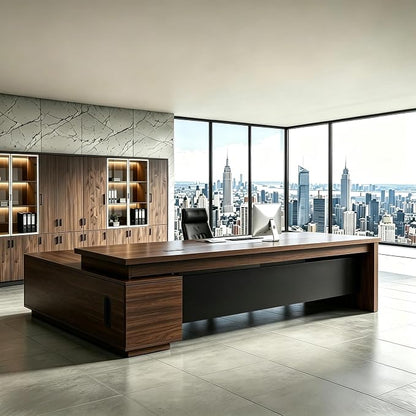 L Shaped Executive Desk with Drawers, Modern Large Wood Home Office Desk, Computer Desk with Storage for Boss Office Workstation