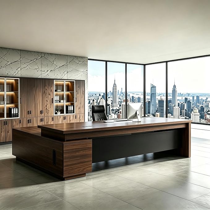 L Shaped Executive Desk with Drawers, Modern Large Wood Home Office Desk, Computer Desk with Storage for Boss Office Workstation