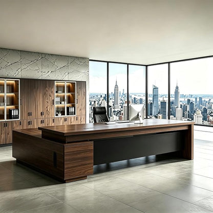 L Shaped Executive Desk with Drawers, Modern Large Wood Home Office Desk, Computer Desk with Storage for Boss Office Workstation