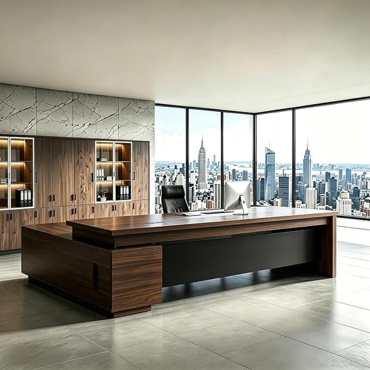 L Shaped Executive Desk with Drawers, Modern Large Wood Home Office Desk, Computer Desk with Storage for Boss Office Workstation