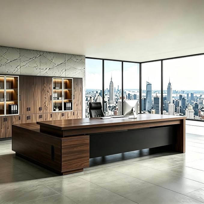 L Shaped Executive Desk with Drawers, Modern Large Wood Home Office Desk, Computer Desk with Storage for Boss Office Workstation