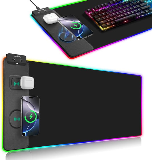 ExtreLife Wireless Charging Mouse Pad, RGB Gaming Mousepad, 31.5"x11.8" Extra Large Desk Mat, 13 Light Modes, Ultra-Smooth Surface, Non-Slip Base, Waterproof Computer Keyboard Pad for Laptop, Black