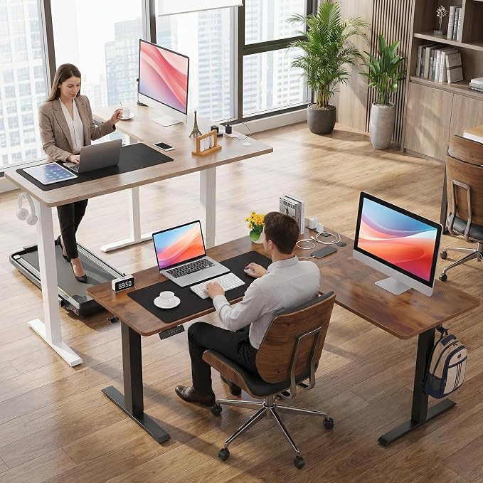 63” L Shaped Standing Desk with Charging Station,Supports Left and Right Swapping,Electric Height Adjustable Corner Stand Up Desk.Free Hook, Lockable Wheels,Mouse Pad,Black