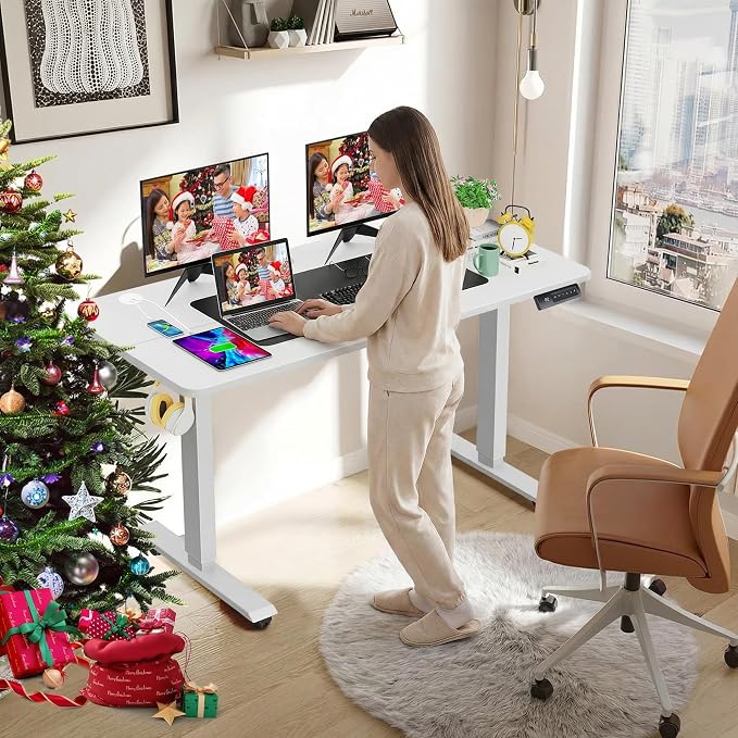 farexon 48 x 24 inch Standing Desk Electric Adjustable Height with Power Outlets, Stand up Desk with Wheels, Preset Heights Home Office Gaming Computer Workstations Table(White)