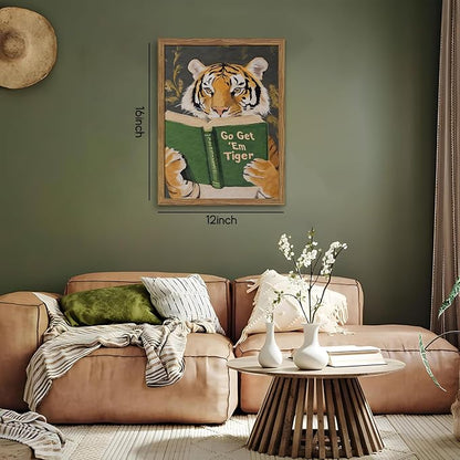 Framed Tiger Canvas Wall Art, Motivational Tigers Reading Poster Print, Humorous Bookworm Pictures Wall Decor, Vintage Go Get Em Tiger Painting for Office Library Bedroom Decor 12x16 inch
